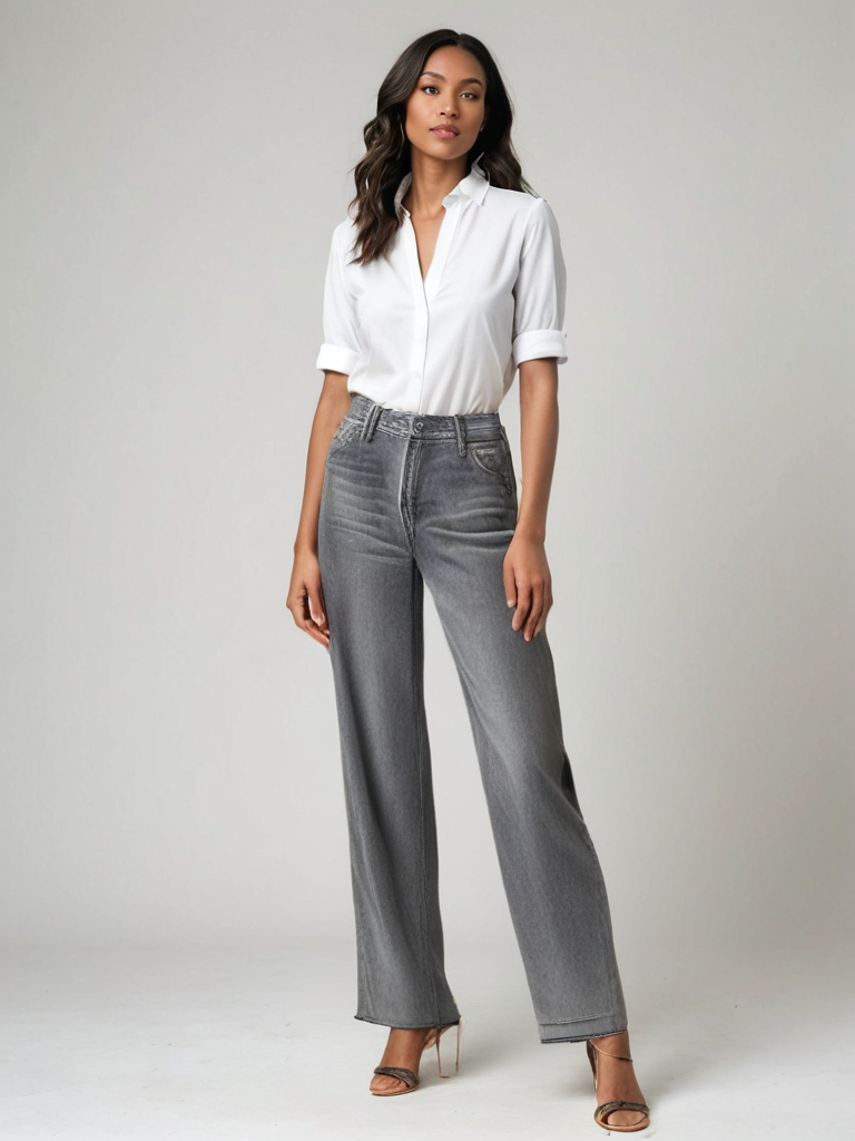 Grå Utsvängda Jeans