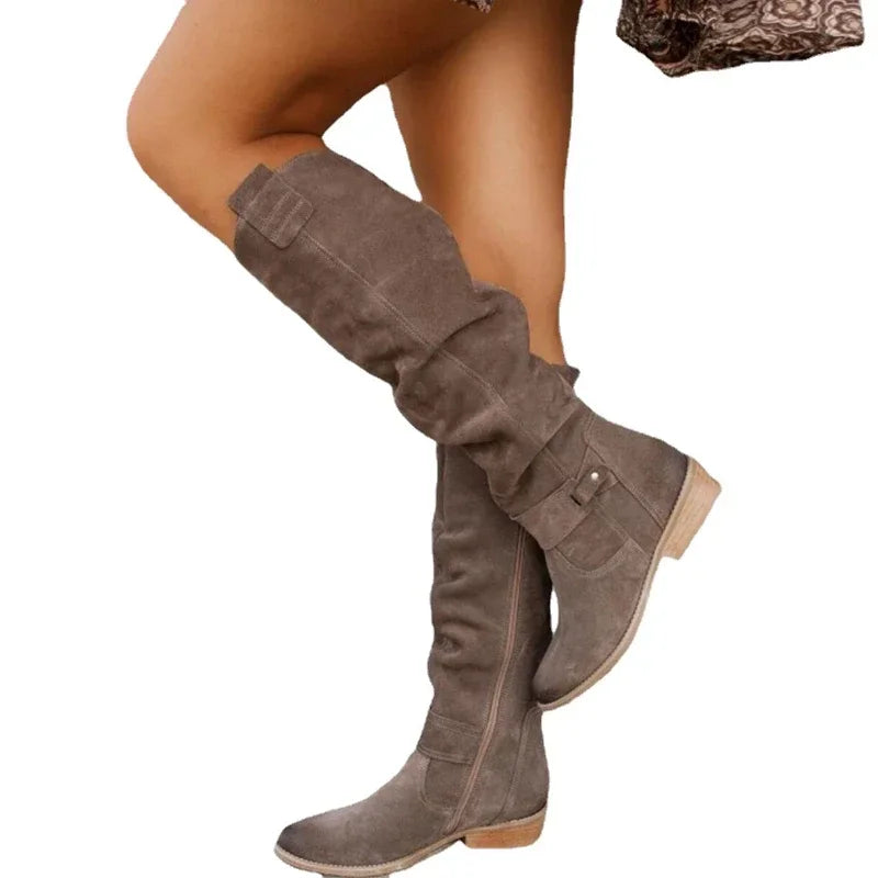 Knähöga damstövlar med låg klack – eleganta retro boots